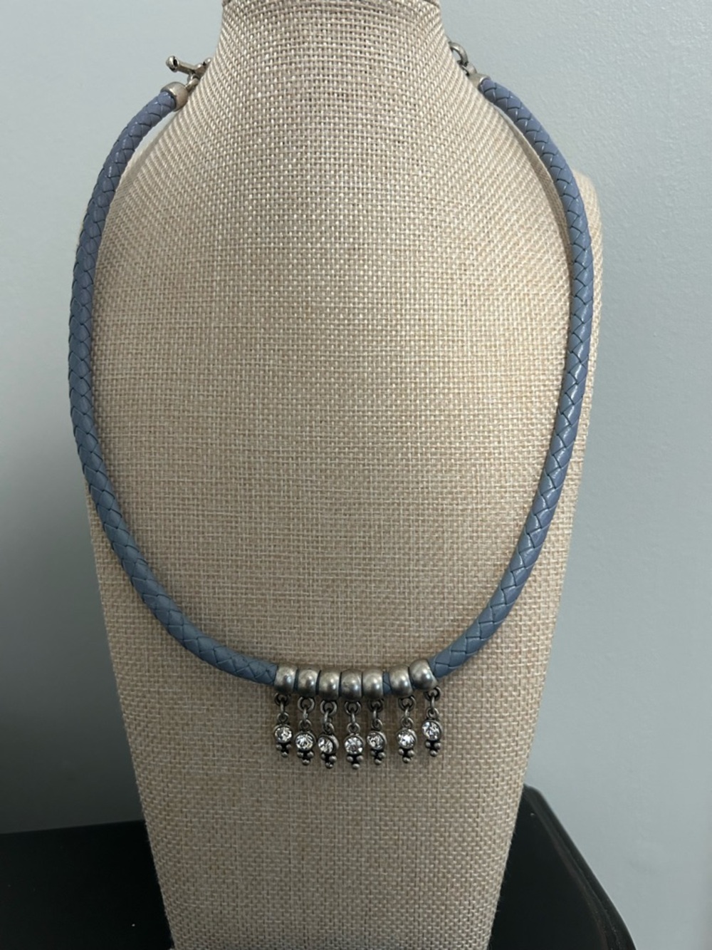Premier Designs Necklace|Blue Braided Cord|Silver Tone Rhinestone Fringe|NWOT